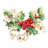 Watercolor Christmas holly wreath with berries and leaves on white background