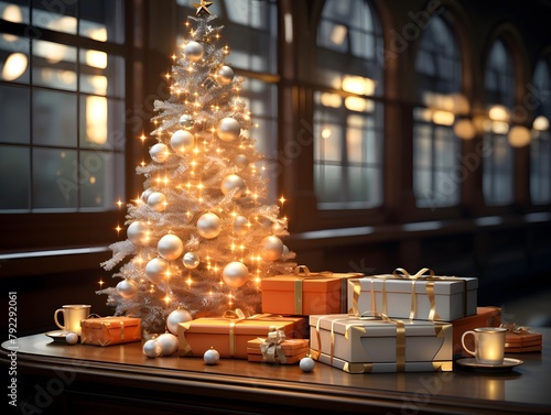 Christmas tree and gifts on a wooden table. 3d rendering.