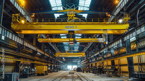 in the middle of an industrial steel plant, heavy yellow crane lifting with its long cables, on top is written 4050 t, in front of it theres one castiron ingot being lifted by a yellow machine photo