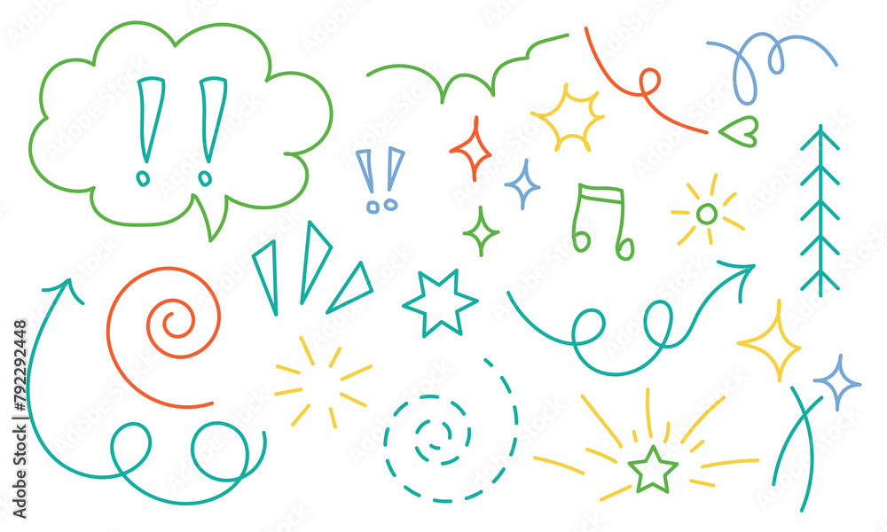 Fototapeta premium Doodle line sketch childish element set. Flower, heart, cloud children draw style design elements background. Vector illustration on white background in eps 10.