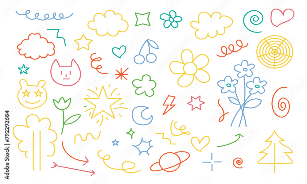 Cute hand drawn doodle big set of simple kids decorative elements. Colorful collection of scribble, animal, flower, sun, cloud. Vector illustration on white background in eps 10.