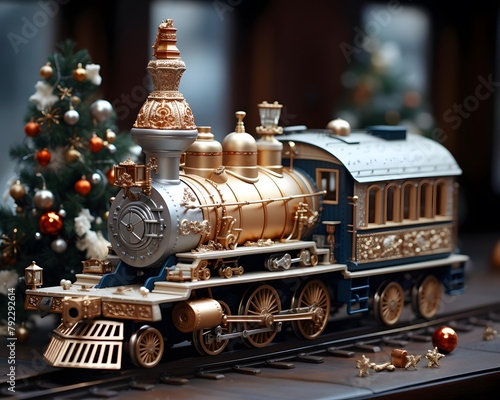 Toy train on the background of the Christmas tree. 3d render