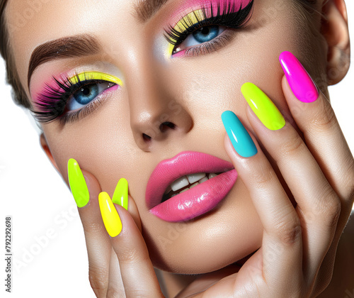 A beautiful woman with long black lashes, bright pink lips and colorful nails is holding her hand near the eye area