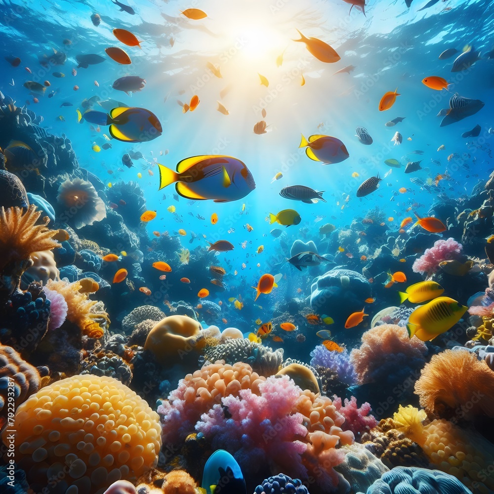 Naklejka premium Underwater view of tropical coral reef with fishes and bright sun generated by ai