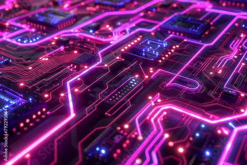 Circuit board design inspired by Artificial Intelligence with glowing, neon lines