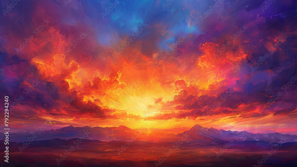 Vibrant Sunset Over Mountainous Landscape Painting