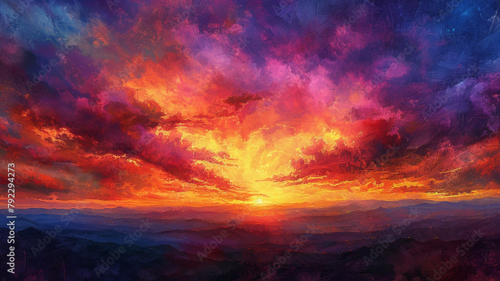 Expansive Sunset Sky Over Mountains Digital Artwork