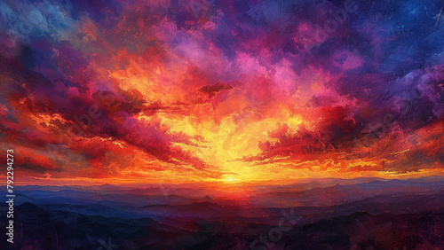 Expansive Sunset Sky Over Mountains Digital Artwork