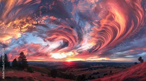 The mesmerizing sight of rolling clouds painted in hues of pink and orange as the sun sets over the horizon.