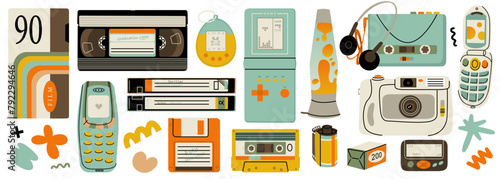 Classic 90s elements in a modern flat style and trendy colors. Children's toys and gadgets y2k. Stickers for teenagers. Vector illustration isolated on transparent background.