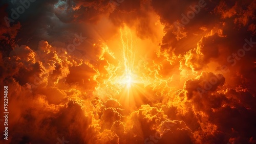 God judging on doomsday with divine light as heavens ablaze. Concept End-of-the-world scenarios, Divine judgment scenes, Apocalyptic visions, Heaven's wrath, Celestial fire and brimstone