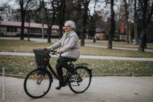 Mature woman, a retiree, happily riding her bicycle through a scenic park with trees and a peaceful atmosphere.