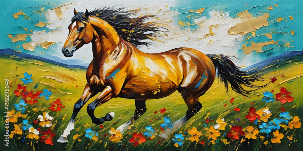 Landscape abstract oil painting running horse with gold and colorful flowers with blue sky and green grass, knife painting, paint spots and strokes. Large stroke oil painting Landscape abstract oil painting running horse with gold and colorful flowers with blue sky and green grass, knife painting, paint spots and strokes. Large stroke oil painting