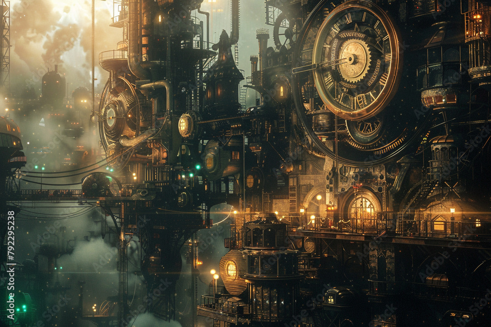 Clockwork scene in a steampunk world, intricate gears and steam mechanisms powering a retro fantasy city
