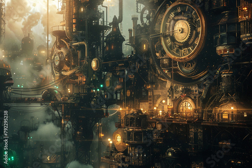 Clockwork scene in a steampunk world, intricate gears and steam mechanisms powering a retro fantasy city