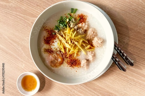 Minced Pork Congee with Hard-boiled Egg.