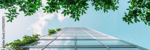 Green leaves and modern office building. Bottom view of modern office building with green leaves
