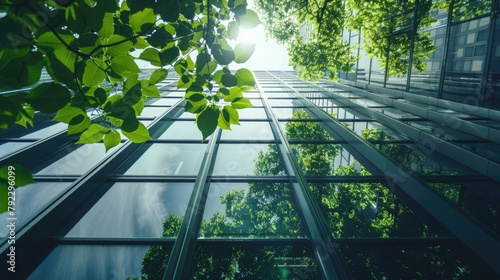 Green leaves and modern office building. Bottom view of modern office building with green leaves