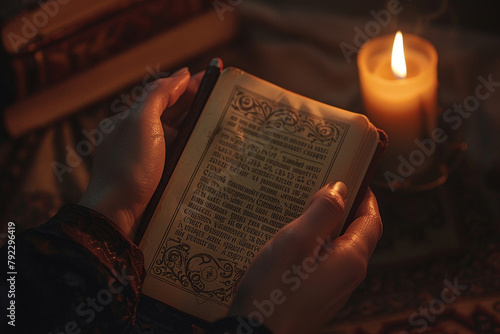 Close up of a prayer book held in hands with a candle flickering nearby photo