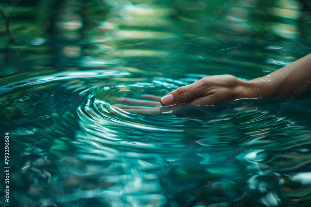 Close up of a tranquil scene a persons hand touching the waters surface
