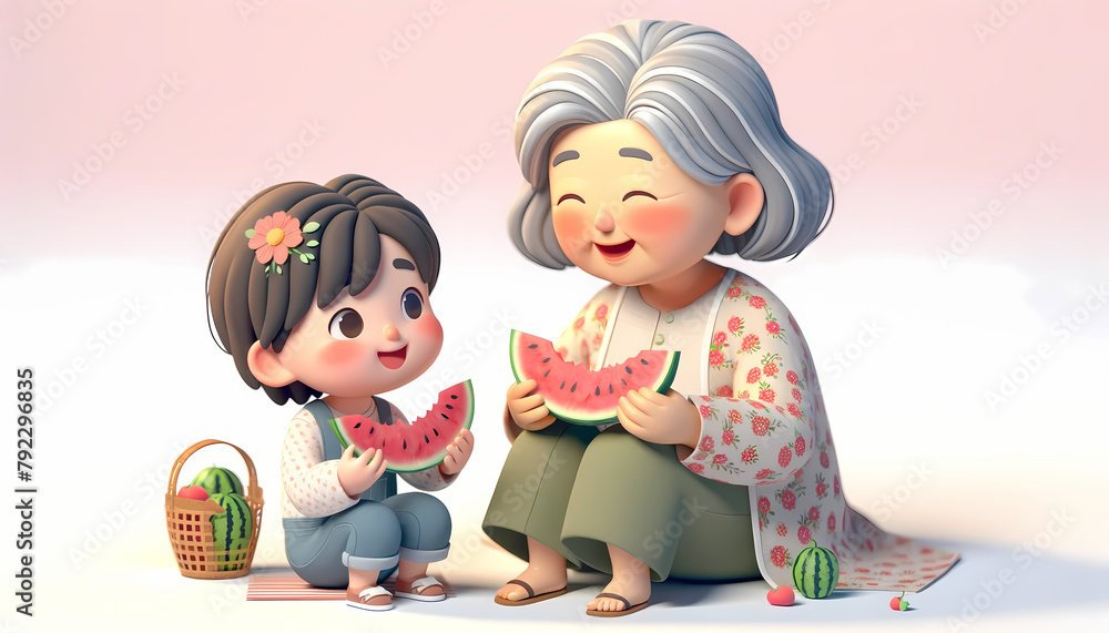 A girl eating watermelon with her grandmother. , Generative AI A girl eating watermelon with her grandmother. , Generative AI