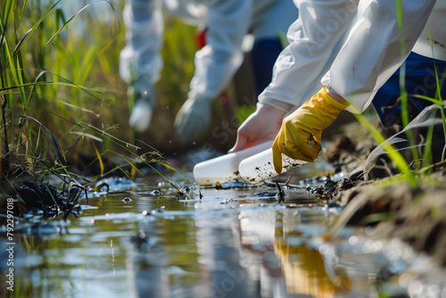 Close up of Ecologist team checks pH value of factory wastewater by Colorimetric method photo