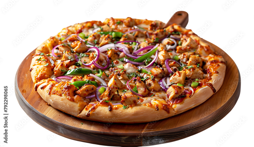 Barbecue chicken pizza with red onion, green bell pepper and tomato sauce on a wooden plate in an isolated white background