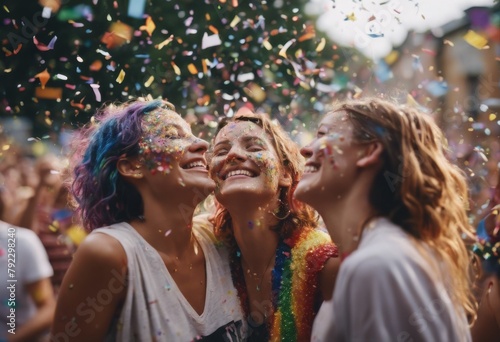 'rains festival couple together time laughing Heartwarming flag lively moment where confetti captured rainbow their lesbian enjoying holding joyful equality freedom pride celebration communit'