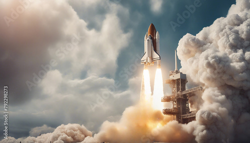 Daytime Spaceport Launch: Space Shuttle Amidst Clouds of Smoke photo