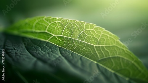 A soft focus on the exuberant texture of a leaf, in a green abstract background, offers a close-up nature image.