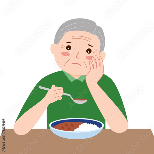 Senior man feel not hungry concept vector illustration on white background. Old man unable to eat. No appetite.