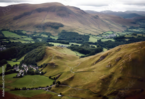 'region England Lake northwest UK Cumbria Aerial strict national Keswick view hills park Background Water Sky Summer Travel Nature Landscape Beauty Mountain Green Blue Sunset Mountains Park Vacation' photo