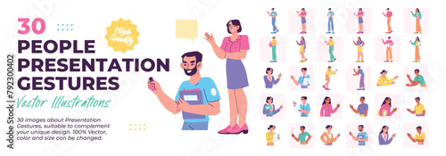 Bundle of people doing presentation, showing, explaining, gesturing, presenter interaction concept illustrations. Set of illustration of people presenting something and presentation gesture.