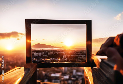 'concept business sunset stant view framing hand perspective sharpened frame nature distant sky person composition finger strategy background yellow human accuracy field looking forest imagination' photo