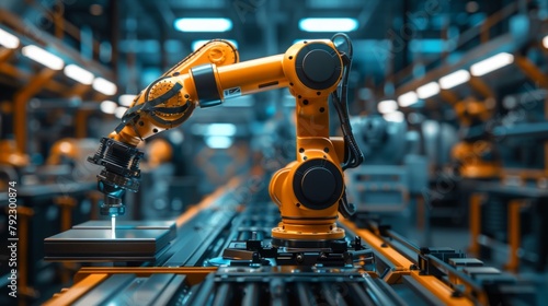 A vibrant yellow robotic arm operating amidst factory machinery, AI Generative