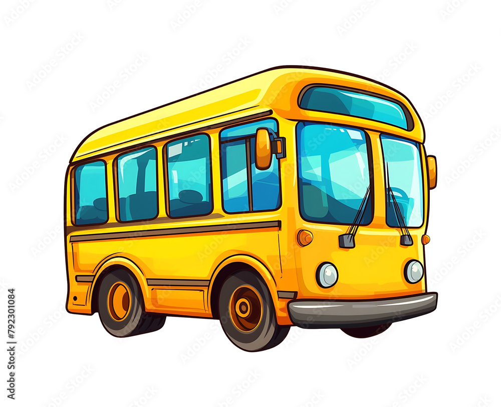 Bright yellow school bus in cartoon style isolated on white background.Generative AI