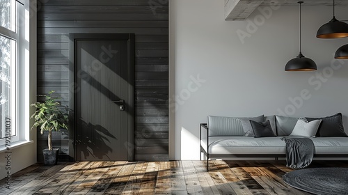 A minimalist room with a contrasting black door and white walls. Hardwood floors complement the black doors. creating modern beauty