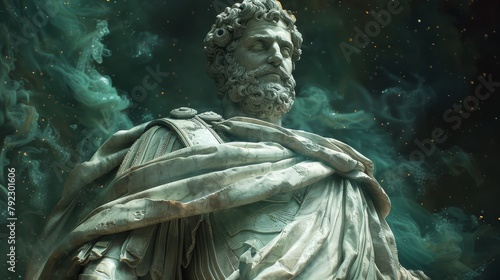 Statue of Marcus Aurelius dressed as a superhero. Illustration format Chaotic background with a dark green aura.