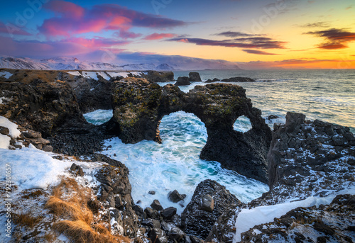 Gatklettur arch on Iceland during sunrise photo