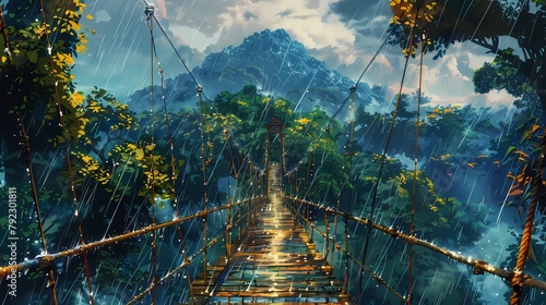 ancient wooden suspension bridge illustration poster background photo