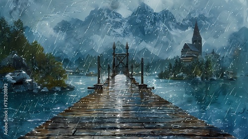 ancient wooden suspension bridge illustration poster background