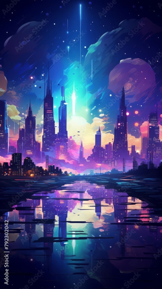 Futuristic cityscape with neon skyline silhouette against a starry night, abstract shapes and vibrant lights