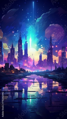 Futuristic cityscape with neon skyline silhouette against a starry night, abstract shapes and vibrant lights