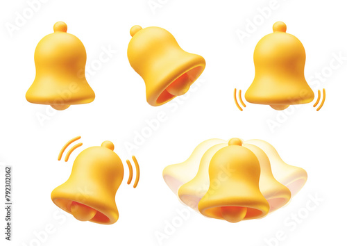 3d realistic notification yellow plastic bells icons set. Golden ringing bells with new notification for social media notice event reminder, website and apps elements 3d rendering vector illustration