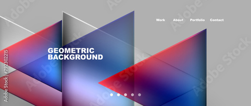 A geometric background featuring red, blue, and white triangles on a gray backdrop. The design creates a dynamic visual display reminiscent of a digital facade on an electronic device
