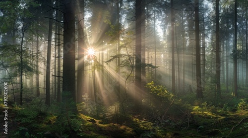Ein friedliches Waldpanorama, in dem Sonnenstrahlen durch die Baumwipfel brechen und mystische Lichtflecken auf dem Waldboden erzeugen, AI Generative photo