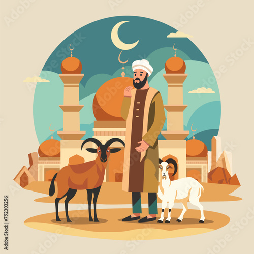 Arabian Muslim Man with Sheep Goat in Front of Mosque for Islamic Eid Al Adha