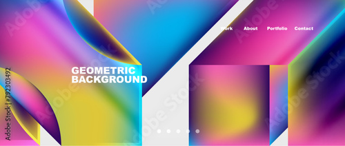 A colorful geometric background featuring a rainbow of colors such as azure, purple, violet, magenta, and electric blue. The pattern is symmetrical with rectangles and a vibrant font style