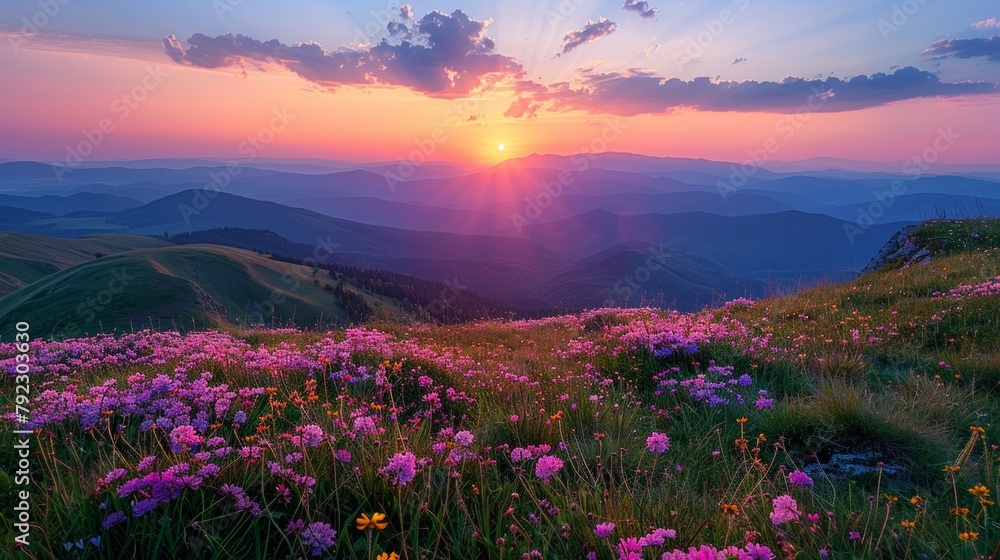 Fototapeta premium Sunrise and sunset in the mountains, observed from a high cliff, colorful sky spectacle, touching, AI Generative