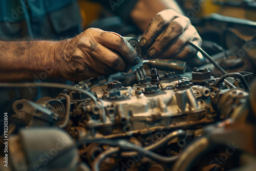 Close-up of a car engine being repaired, focusing on the mechanic's hands and tools